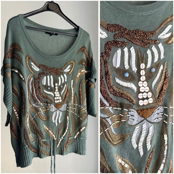 Arthur Mendonça Hand-Embellished Tiger 100% Silk Knit Top